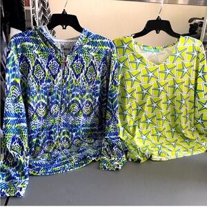 Blue & Yellow Patterned Women's Top & Full Zip Front Hooded Jacket